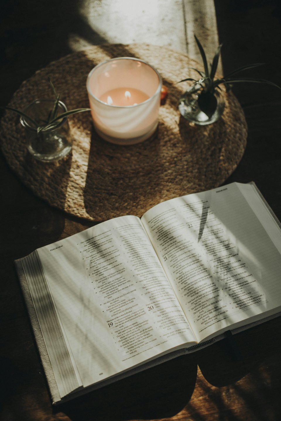 Open Bible with candle and plants on a wooden table.